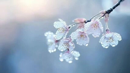 Poster - Sparkling water drops clinging to delicate cherry blossoms create a mesmerizing scene of springtime beauty, capturing the essence of renewal and freshness in nature