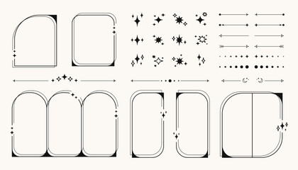 Poster - Retro y2k frames, symbols and shapes, futuristic abstract frames and symbols with arrows, blinking stars and moon. Vector design elements set.