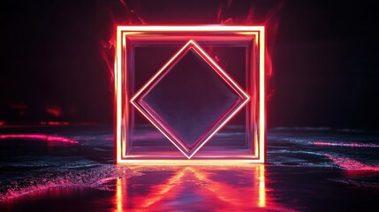Poster - Red neon square frame with diamond inside, reflecting on dark surface.