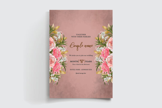 WEDDING INVITATION FRAME WITH FLOWER DECORATIONS AND FRESH LEAVES