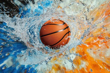 Poster - A basketball surrounded by splashing water with blue and orange background creating dynamic motion effect