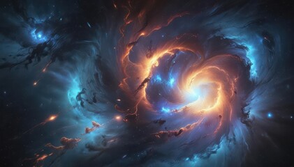 Abstract cosmic nebula, swirling blue black with bright light flares, night, luminous, dark