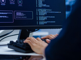 back view of professional ai software developer analyzing structured output from ai assistant, ai ag