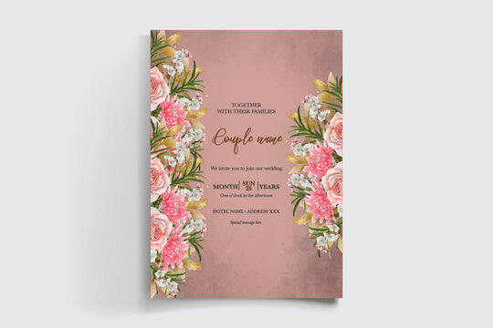 WEDDING INVITATION FRAME WITH FLOWER DECORATIONS AND FRESH LEAVES