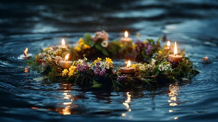 Poster - Flower wreath with candles floating on water, summer solstice day, midsummer, litha, ivan kupala celebration, slavic pagan holiday, wiccan ritual, witchcore aesthetics