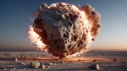 Wall Mural - massive rock erupts in a fiery explosion on a desolate landscape