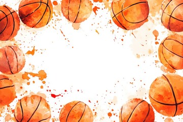 Poster - Watercolor basketballs frame with orange and red splatters on a white background centered view