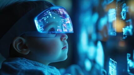 Poster - Baby wearing futuristic glasses, exploring holographic interface.