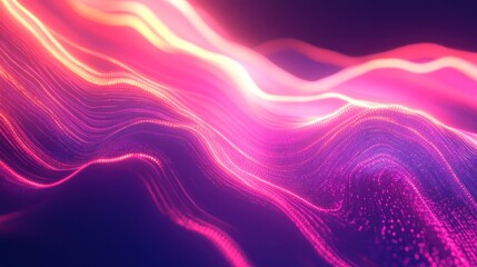Poster - Abstract pink and orange glowing waves on dark background.