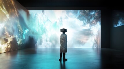 Poster - Person in VR headset facing large screen displaying cosmic nebula.
