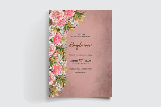 WEDDING INVITATION FRAME WITH FLOWER DECORATIONS AND FRESH LEAVES