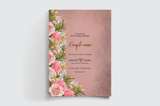 WEDDING INVITATION FRAME WITH FLOWER DECORATIONS AND FRESH LEAVES