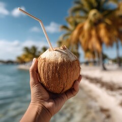 Aufkleber - A hand holds a fresh coconut with a straw, offering a refreshing drink. The backdrop features a bright blue sky, palm trees, and a serene beach setting, perfect for relaxation