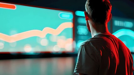 Poster - Man in a white shirt looking at a futuristic digital screen displaying illuminated data visualizations in red and blue