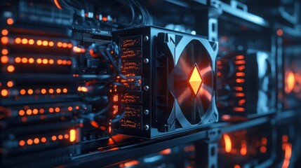 Poster - Close-up of a powerful server's cooling system with glowing orange lights, showcasing intricate hardware details.