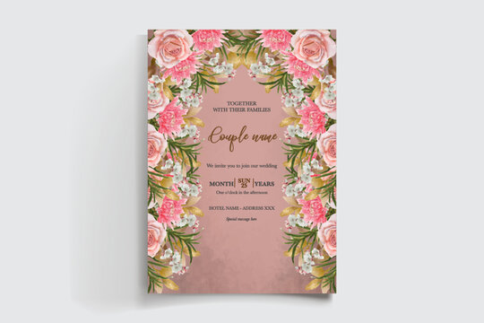WEDDING INVITATION FRAME WITH FLOWER DECORATIONS AND FRESH LEAVES