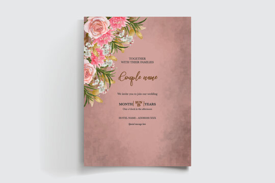 WEDDING INVITATION FRAME WITH FLOWER DECORATIONS AND FRESH LEAVES