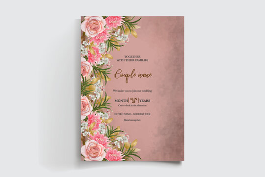 WEDDING INVITATION FRAME WITH FLOWER DECORATIONS AND FRESH LEAVES