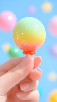 Hand Holding a Rainbow Gradient Sphere Against a Pastel Blue Background