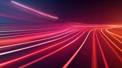 Poster - Abstract red and blue light trails curving on dark background, suggesting speed and motion.