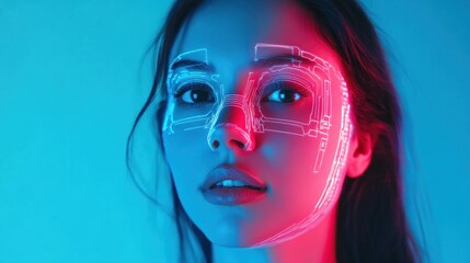 Poster - Close-up portrait of a young woman's face with neon circuit lines, futuristic and technology concept.