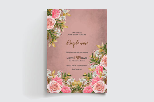 WEDDING INVITATION FRAME WITH FLOWER DECORATIONS AND FRESH LEAVES