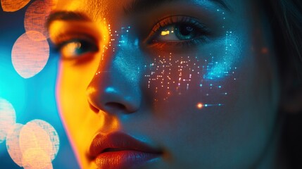 Poster - Close-up portrait of a young woman with glowing digital patterns on her face, illuminated by colorful bokeh lights.