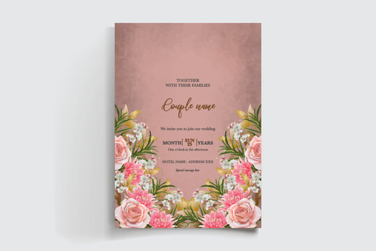 WEDDING INVITATION FRAME WITH FLOWER DECORATIONS AND FRESH LEAVES