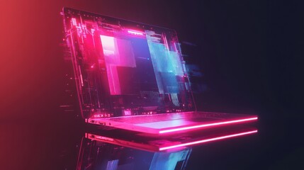Poster - Futuristic glowing laptop with neon lights, showcasing digital data streams.