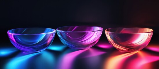 Poster - Three vibrant glass bowls illuminated by neon lights, creating colorful reflections.