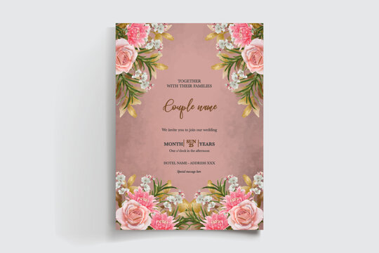 WEDDING INVITATION FRAME WITH FLOWER DECORATIONS AND FRESH LEAVES