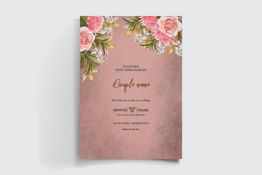 WEDDING INVITATION FRAME WITH FLOWER DECORATIONS AND FRESH LEAVES