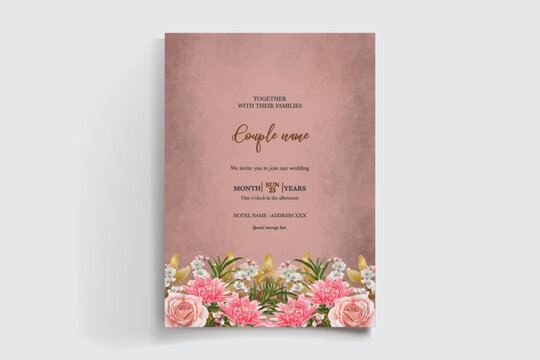 WEDDING INVITATION FRAME WITH FLOWER DECORATIONS AND FRESH LEAVES