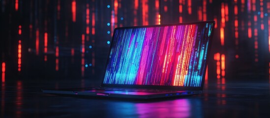 Poster - Vibrant laptop screen displaying colorful data streams against a dark red background.