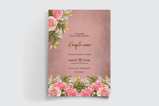 WEDDING INVITATION FRAME WITH FLOWER DECORATIONS AND FRESH LEAVES