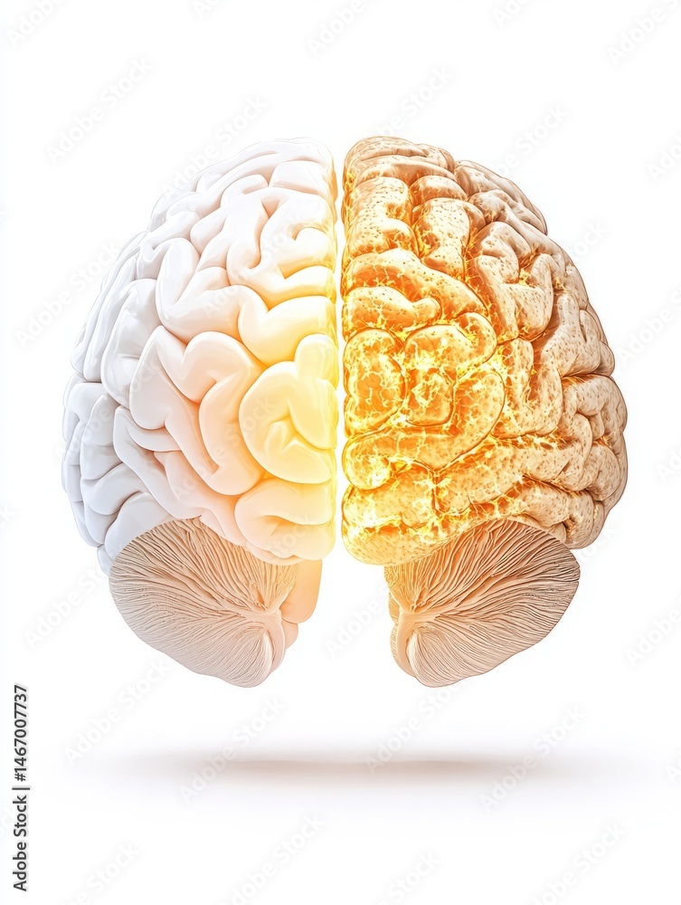 Question marketing risk. Digital illustration of a human brain, split into two distinct colored hemispheres, showing anatomical details on a white background.