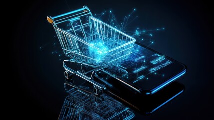 Poster - A glowing shopping cart icon hovers above a smartphone, symbolizing online shopping and digital commerce.