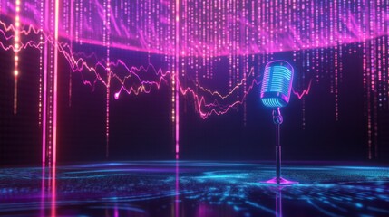 Poster - Futuristic microphone on stage with neon data streams.