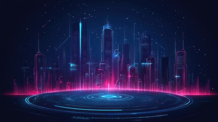 Poster - Futuristic cityscape with vibrant neon lights and a glowing circular platform.