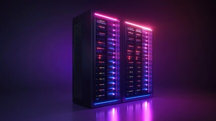 Poster - Two illuminated server racks in a dark room.