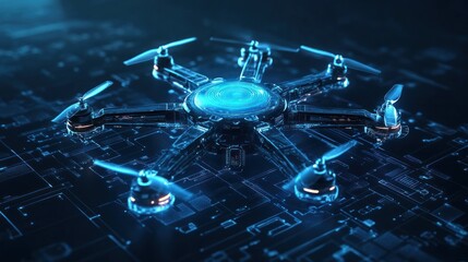 Fototapete - Futuristic drone hovering over a circuit board, showcasing advanced technology.