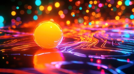 Poster - Vibrant orange glass sphere on glowing, abstract surface with colorful bokeh.