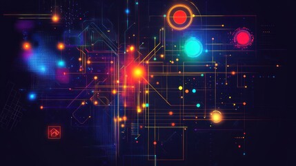 Fototapete - Abstract digital network technology background with glowing lines and nodes.