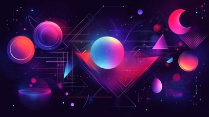 Poster - Abstract cosmic art with vibrant geometric shapes, glowing orbs, and neon lines on a dark background.