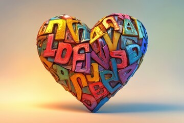 Poster - A colorful heart shape formed from various letters of the alphabet on a soft gradient background