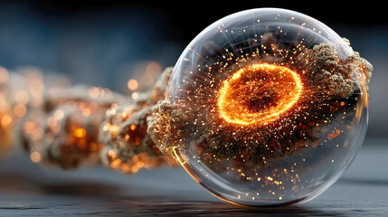 Poster - abstract red energy particle encased in a glowing glass sphere, symbolizing atomic power and futuris