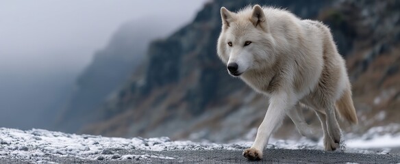 Wall Mural - majestic white wolf on snowy terrain