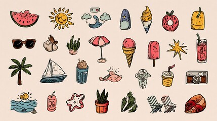 Poster - Hand drawn style summer icon set, cartoon doodle illustrations of holiday elements