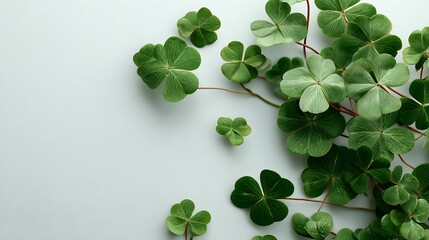 Poster - Happy st, patrick, s day banner design featuring shamrocks and clovers, flat lay arrangement, elegant and minimalistic, viewed from above