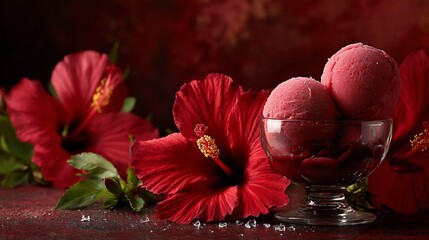 Poster - Hibiscus, flavored sorbet, with deep red color abstract background